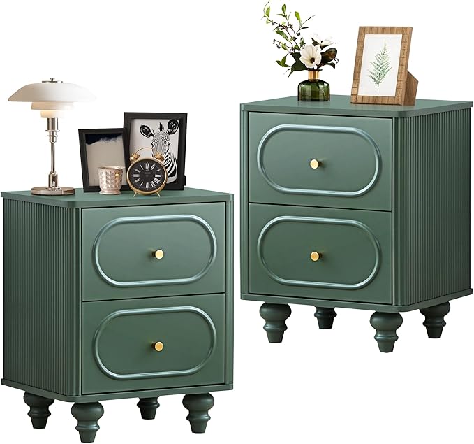 2 Drawer Fluted Mini Small Dresser for Bedroom Set of 2, Mid Century Modern Nightstand Bedside End Table, Wood Storage Dresser Organizer for Bedroom, Green