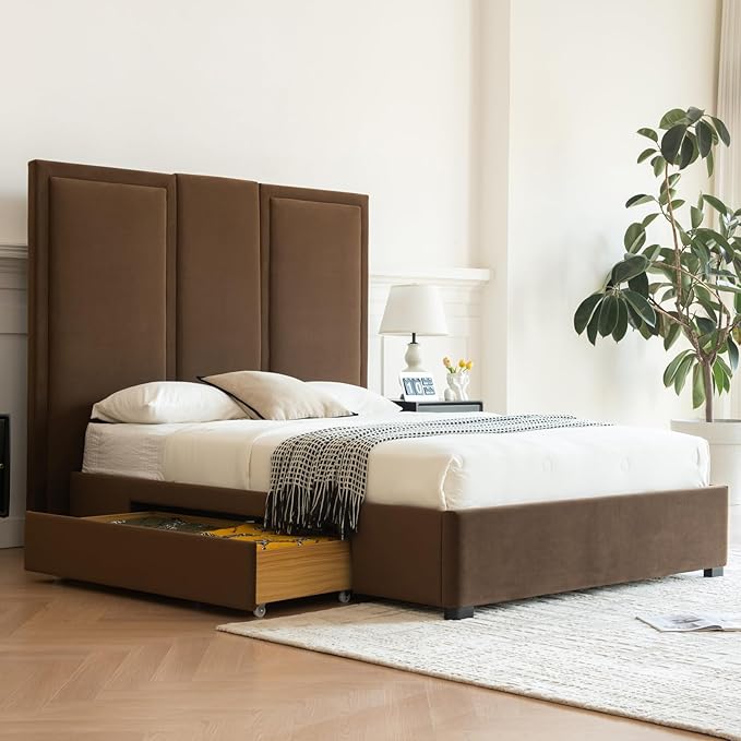 YUHUASHI Queen Size Bed Frame with 64-inch High Headboard, Simple and Airy Linen Upholstered Platform Bed with Storage Drawers, Wood Slat, No Noise (Brown, Queen)