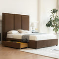 YUHUASHI Queen Size Bed Frame with 64-inch High Headboard, Simple and Airy Linen Upholstered Platform Bed with Storage Drawers, Wood Slat, No Noise (Brown, Queen)