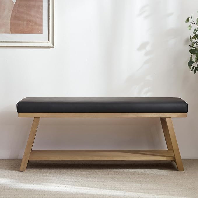 45" Entryway Bench Upholstered Storage Bench for Bedroom Shoe Rack Bench for Living Room, Hallway, Mudroom, Balcony, Sturdy Indoor Bench Seat Holds Up to 300 lbs (PU-Black)