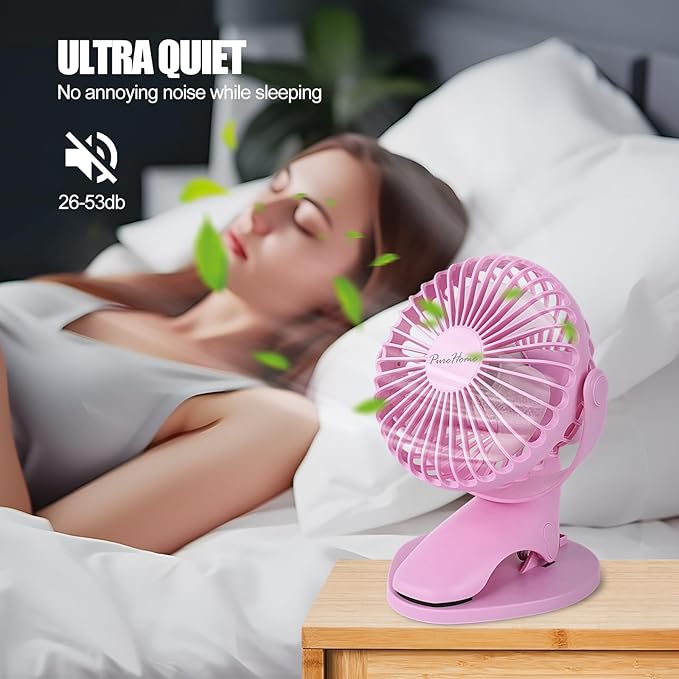PureHome Portable Clip Fan Battery Operated,3 Speeds USB Rechargeable Mini Table Fan with Strong Airflow,360°Rotation Ultra Quiet Personal Desk Fan for Home Office Bedroom Dorm Stroller Camping- Pink