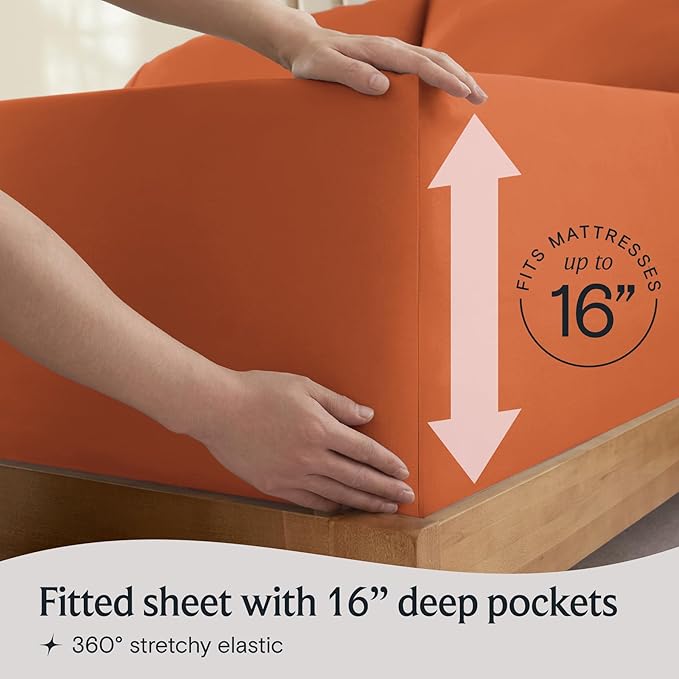 LuxClub 4 PC King Sheet Set, Deep Pockets Wrinkle Free Cooling Bed Sheets Hotel Bedding for Women, Men, Includes 1 Fitted Sheet, 1 Flat Sheet and 2 Pillowcases-Silky Soft Autumn Orange