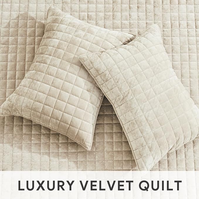 RECYCO Luxury Velvet Quilt Set King Size Bedding Sets, Ultra Soft Velvet Comforter Set, Lightweight Channel Box Stitch Oversized Bedspread Coverlet for All Season, with 2 Shams, Beige