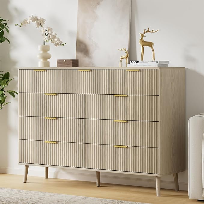 LYNSOM Fluted 9 Drawer Dresser for Bedroom, 55" Wide Modern Chest of Drawers with Curved Profile Design and Metal Handles, Wood Dresser TV Stand & Storage Organizer for Bedroom, Hallway, Beige