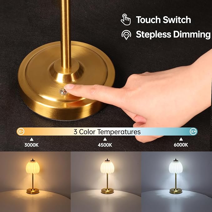 Set of 2 Tulip Table Lamp with 5000mAh Battery & Touch Control, Cordless Small Table Lamp with 3 Colors, Dimmable Rechargeable Table Lamps for Bedroom, Desk, Bedside (White Tulip)