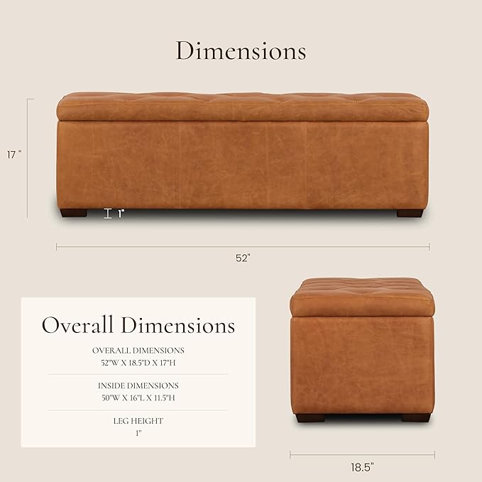 POLY & BARK Senja Storage Ottoman – 52" Large with Feather-Down Topper – Full-Grain Leather Upholstered Ottoman Box – Bench or Bedroom Storage – Vintage Italian Leather in Cognac Tan