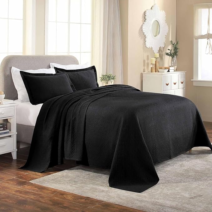Superior 100% Cotton Basket Weave Bedspread with Shams, All-Season Premium Cotton Matelasse Jacquard Bedding, Quilted-Look Geometric Basket, Twin, Black