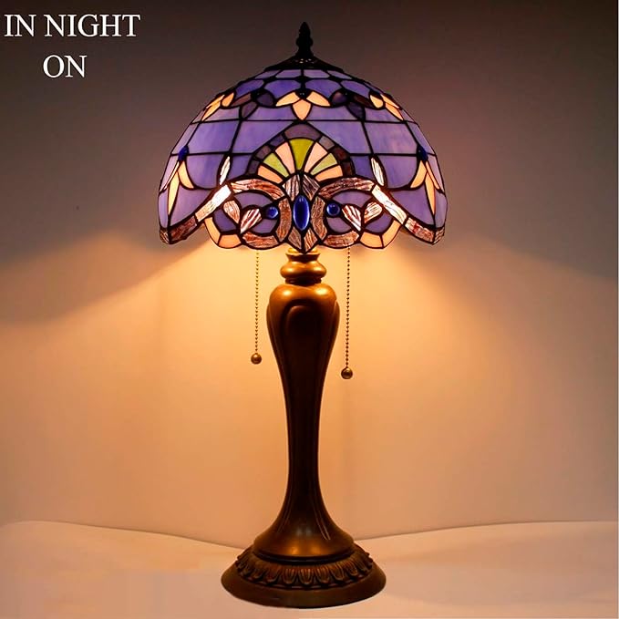 WERFACTORY Tiffany Lamp Stained Glass Table Bedside Lamp 12X12X22 Inches Blue Purple Baroque Style Lavender Reading Desk Light Decor Bedroom Living Room Home Office S003C Series
