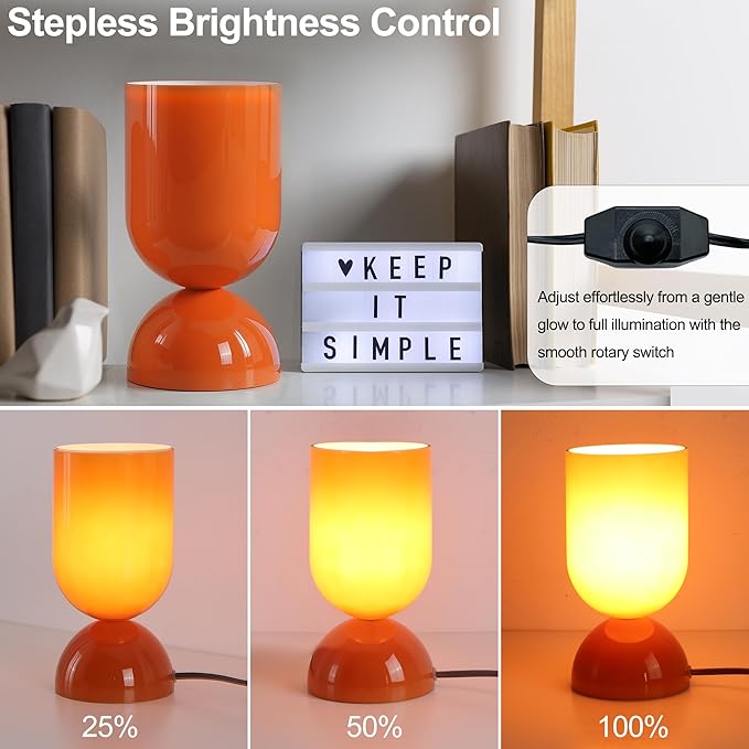8.9" Modern Glass Table Lamp for Living Room, Dimmable Desk Lamps for Bedroom, UL Listed Nightstand Lamp with Dome Base, End Table Lamps for Home, Side Tables, College Dorm, Office, Glossy Orange