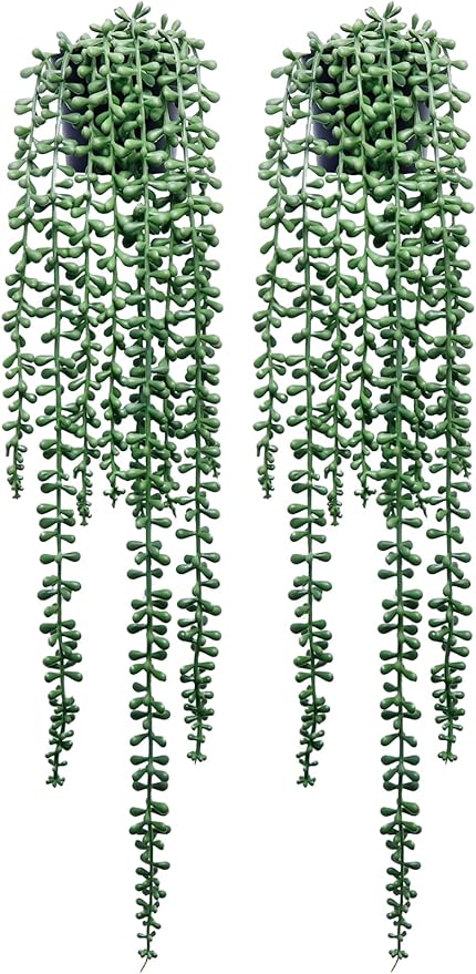 Artificial Hanging Plants for Shelf, 2-Pack Fake Potted Greenery Faux String of Pearls in Black Pot, Décor for Office Living Room Bathroom Indoor Outdoor