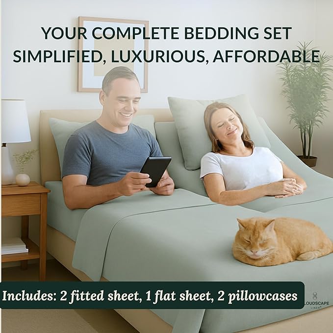 Cloud Scape Linen 100% Egyptian Cotton Split King Sheet Set for Adjustable Bed,400 Thread Count, 5 Pcs Bedding Set, Soft, Breathable and Durable, Deep Pockets up to 17, Mineral