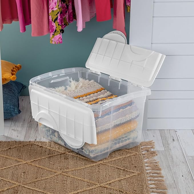 Sterilite 48 Qt Hinged Lid Storage Box, Stackable Bin with Lid, Plastic Container to Organize Home, Office, Basement, Clear with White Lid, 24-Pack