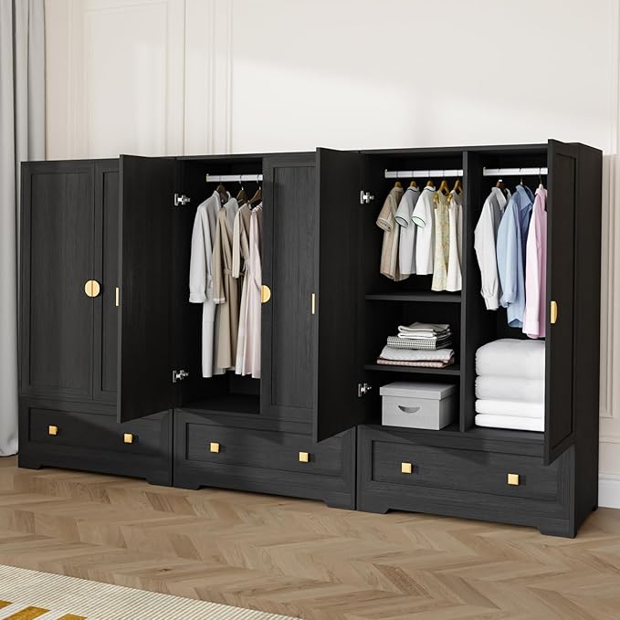 VINGLI Armoire Wardrobe Closet with Doors, 38" W Armoire Wardrobe Cabinet with Drawers and Hanging Rod, Black Wood Bedroom Armoires, 21" D x 38" W x 65" H