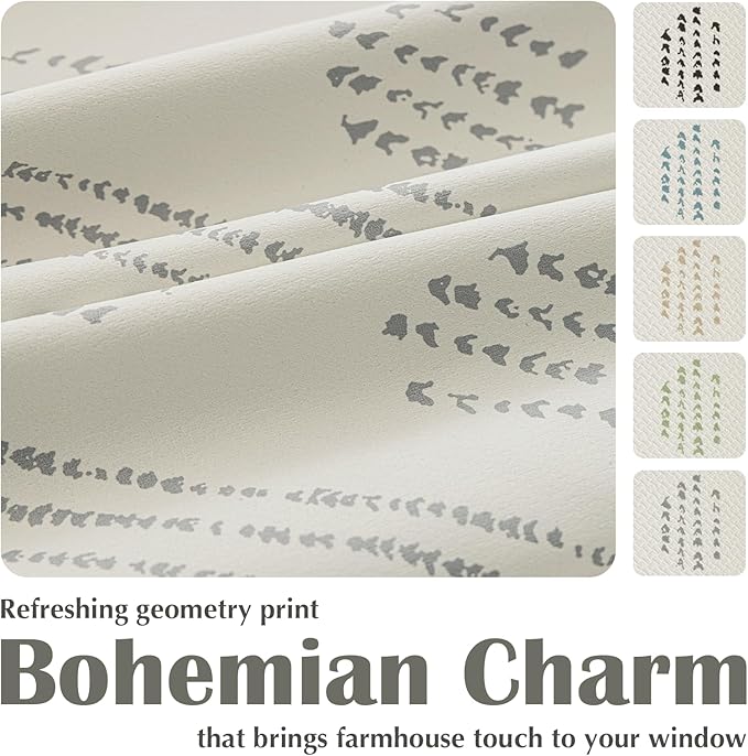 100% Boho Blackout Curtains 90 Inches Long for Bedroom, Grey on Beige Patterned Bohemian Curtains for Living Room, Geometric Striped Thermal Insulated Window Drapes Gromment Top 2 Panels