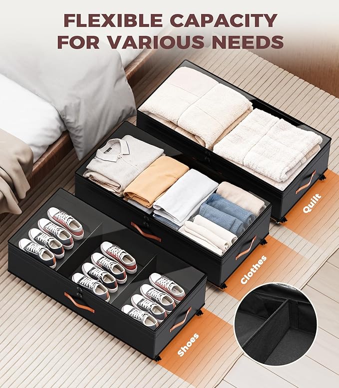 Under Bed Storage, 35.5 inches Under Bed Storage with Wheels, Large Capacity UnderBed Containers with Clear Lids, 2Pcs Rolling Under the Bed Storage for Clothes, Shoes, Blankets (Deep Black)