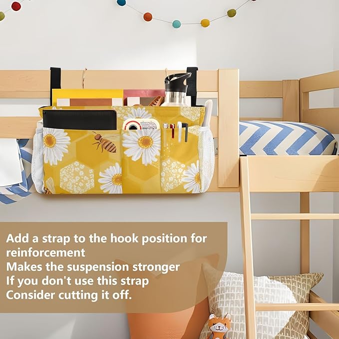 Bedside Caddy Hanging Bunk Bed Caddy Bed Organizer Hanging Pocket with 2 Hooks Bedside Storage Organizer Pocket Bag Holder Yellow Honeycomb Bee Daisy