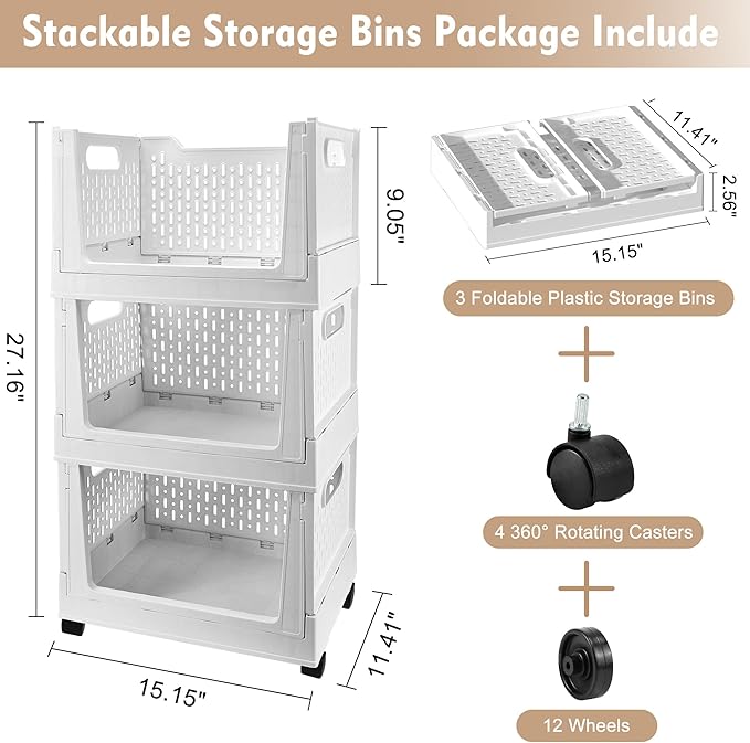 Stackable Plastic Storage Basket, 3 Pack Foldable Closet Organizers and Storage Bins with Wheels, Collapsible Drawer Shelf Storage Box Container for Office Bedroom Closet Wardrobe Kitchen Bathroom