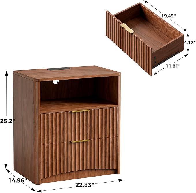 Evermagin Fluted Nightstand with Charging Station, Walnut Bedside Table with 2 Drawers, Wood End Table with Storage Mid Century Modern, Large Night Stand for Bedroom