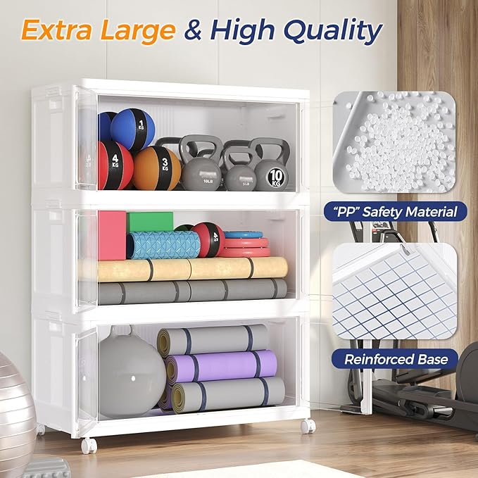 150GAL Large Stackable Storage Bins with Lid and Wheels, 600Qt Collapsible Organizer Cabinet with Clear Door, for Closet, Bedroom, Kitchen, Garage, 5-Pack White