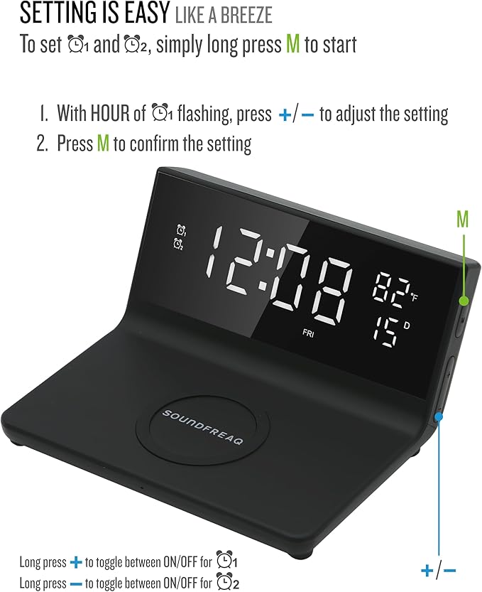 Soundfreaq Charge Rise II, SFQ-20: Digital Alarm Clock, with Dual Alarms, Fast USB Charger and Wireless Charger (Black)