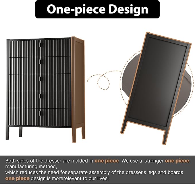 Black 5 Drawer Dresser, Modern Tall Dresser for Bedroom, Fluted Wood Chest of Drawers with Deep Drawers for Clothes, Storage Cabinet for Bedroom, Living Rooms, Offices, Entryways