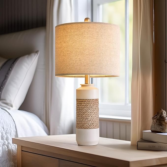 OYEARS 23.75" Bedside Table Lamps Set of 2 for Sleeping and Reading, Vintage Farmhouse Rattan Table Lamp Antique White Resin Lamp for Decoration, Office Living Room Bedside Table