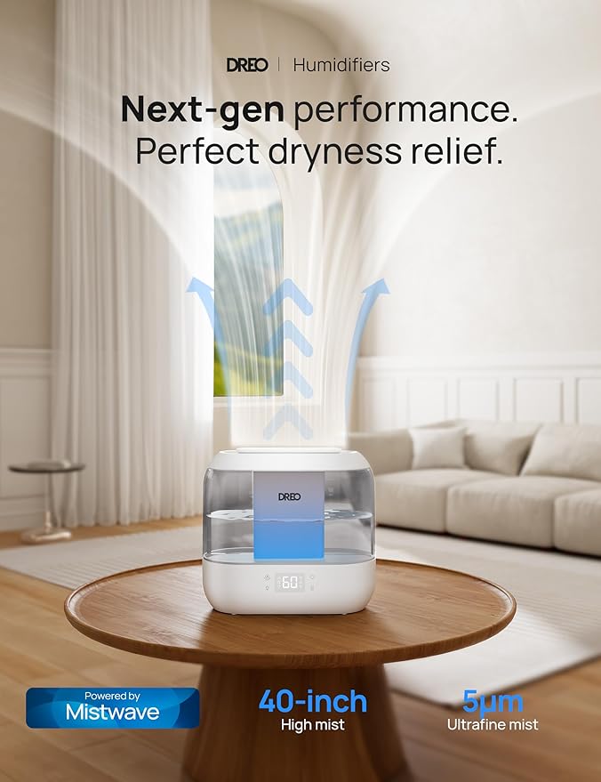 Dreo Smart Humidifiers for Bedroom, Top Fill 4L Supersized Humidifier Large Room with 28 dB, 36H Runtime, Touch/APP/Voice Control, Nightlight, Cool Mist Humidifiers for Baby, Plants, Indoor, Grey