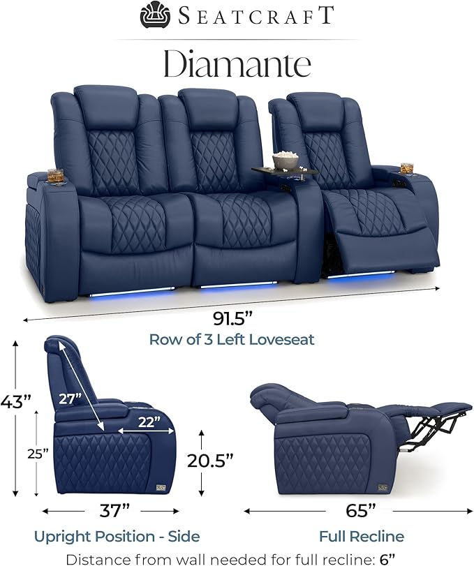 Seatcraft Diamante Zero-Gravity CoolZero Italian Leather Home Theater Seating, Power Headrest, Power Recline, Row of 3 Left Loveseat, Navy Blue
