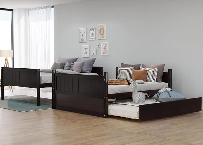 Upgraded Version Best Full Over Full Bunk Bed with Trundle, Thicken Solid Wood Full Size Bunk Bed, Bunkbed Frame Full Over Full, Convertible to 2 Beds, Easy Assembly for Adults (Espresso)
