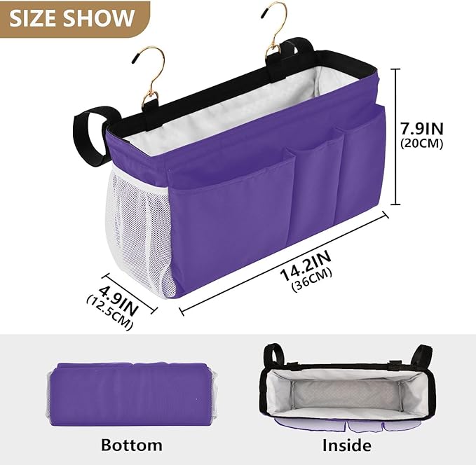 KOPIRIT Dark Purple Bedside Caddy Storage Bag Bedside Organizer for Bunk Bed Headboards College Bedside Shelf Hanging Organizer 6 Pockets with Hooks for Magazine Water Bottle Holder