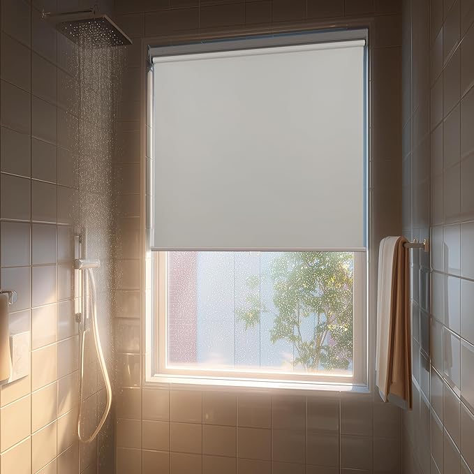 HESTIA No Drill Cordless Blackout Roller Shades Screwless Waterproof Shower Window Blinds, Auto-Retraction Easy Install Blind for Bathroom/Kitchen/Office/Exterior, White, 47.5" W x 72" H