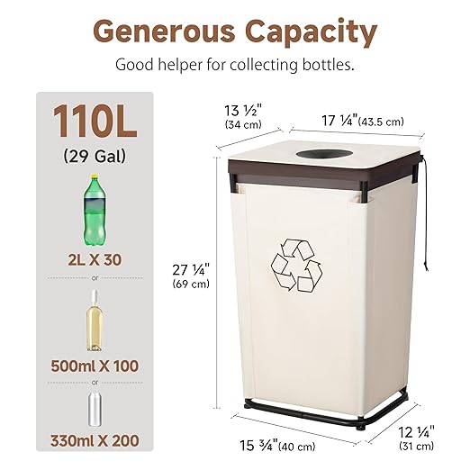 StorageWorks Recycling Bin with Lid, 29Gal Large Recycling Bin for Kitchen, Indoor Recycling Bins with 2 Reusable Washable Bags for Bottles and Cans, Steel Frame Fabric Sorter, 110L, Beige