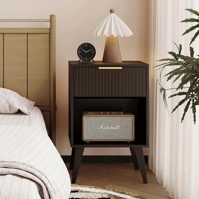 Fluted Night Stand with Opening Storage,Mid Century Bedside Table with Drawer,Black Nightstand with Wood Legs,End Table Side Table for Living Room,Bedroom,11.8" Dx15.7 Wx 25.2" H CTG56BK