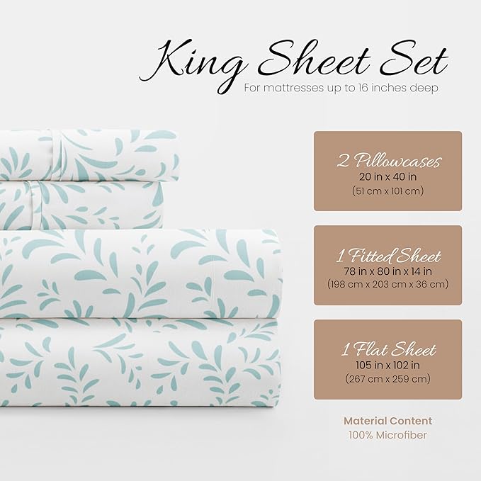 Linen Market 4 Piece King Sheet Set - Breathable, Double-Brushed Patterned Cooling Sheets – Oeko-TEX Certified Ultra Soft & Wrinkle-Free 16" Deep-Pocket King Sheets - Easy Care Burst of Vines Blue