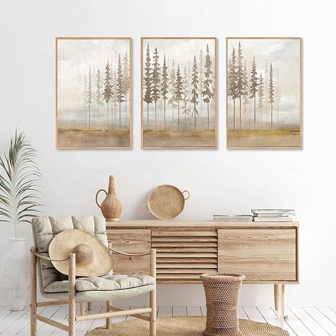 LHIUEM Large Pine Tree Framed Canvas Wall Art Set,Forest Trees Nature Wall Decor,Modern Landscape Artwork, Foggy Forest Painting for Living Room, Bedroom,Office-24 x36 x3