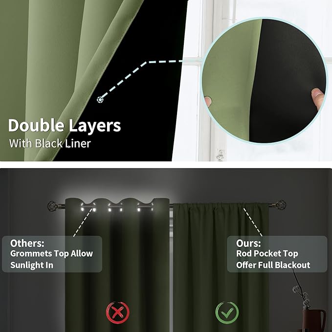 BGment Grass Green Blackout Curtains for Bedroom, Full Room Darkening Thermal Insulated Soundproof Rod Pocket Window Curtains Drapes 72 Inch Length, 2 Panels, Each Panel 52 Inch Wide