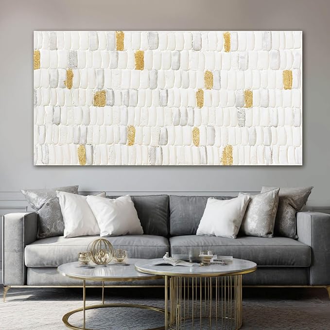 YETHEN WAL White and Gold Textured Abstract Wall Art, Minimalist Neutral Canvas Painting Modern Artwork for Living Room Bedroom Office Decor 24x48 Inch