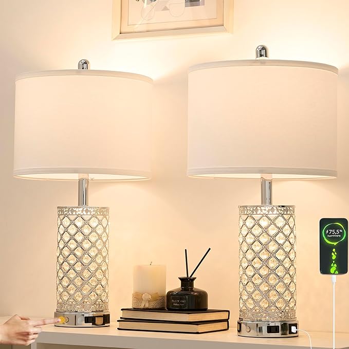 Modern Crystal Table Lamp - 24in Silver Bedroom Lamps 3-Way Dimmable Touch Lamp with Night Light, 2 USB Ports + AC Outlet, Bedside Night Stand Lamp for Living Room Office (Silver- 1 Pack 24In)