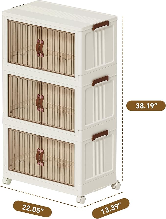 66 QT Large Plastic Storage Bins with Lids Open Front, Stackable Storage Containers with Wheels for Clothes, Home, Room, White, 3 Tiers