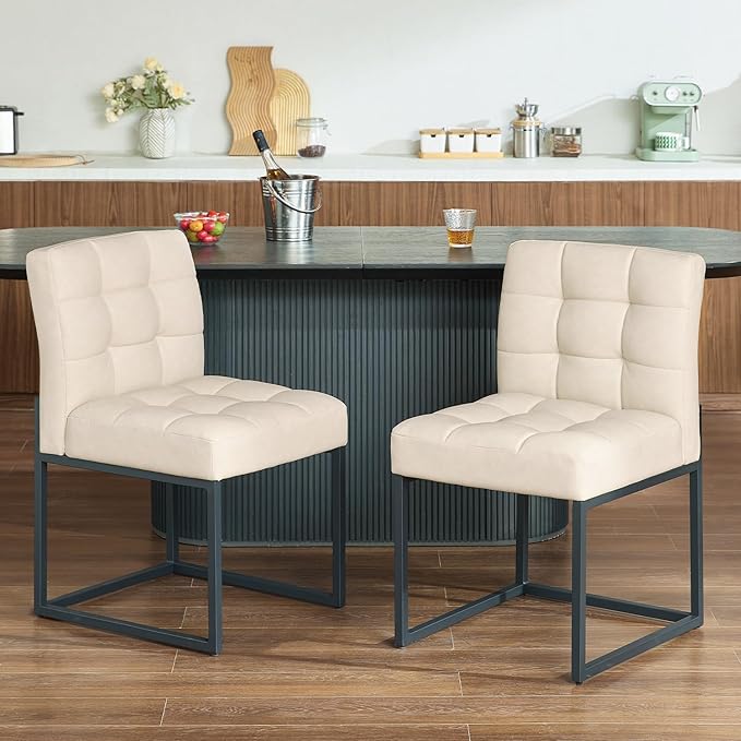 Beige Faux Leather Dining Chairs Set of 4, Mid-Century Modern Dining Room Chairs with Armless, Checkered Kitchen Chair with Metal Legs