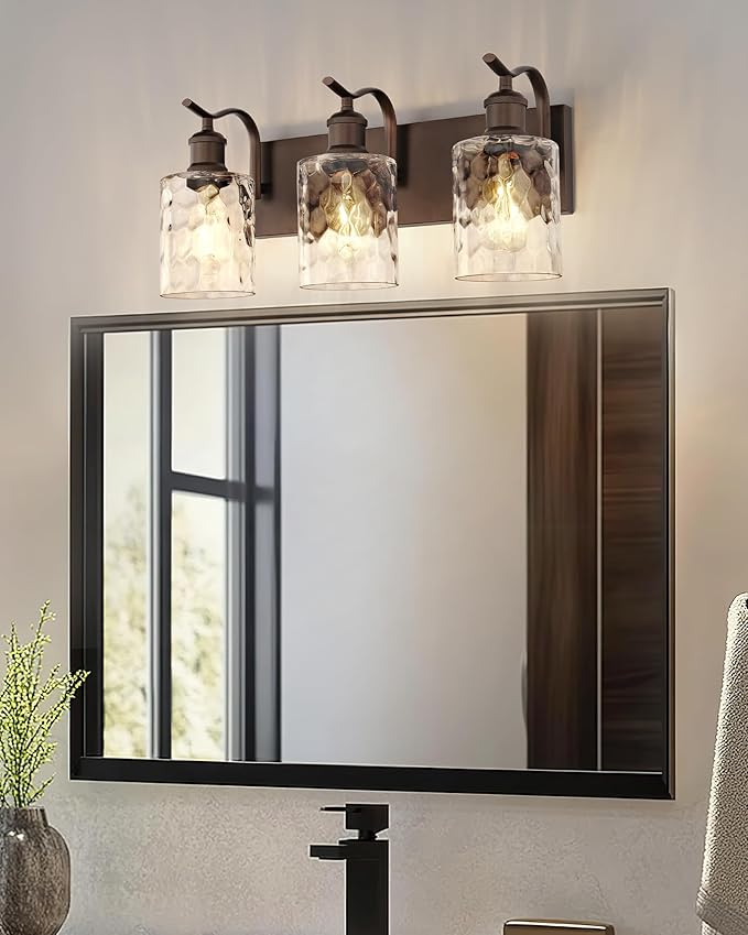 Bathroom Vanity Light Fixtures Over Mirror 3-Light Hammered Glass Wall Mounted Modern Oil Rubbed Bronze - VL01ORBH-3