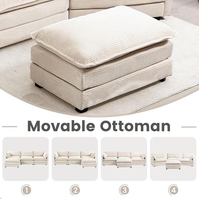 ROWHY Oversized Modular Sectional Sofa with Movable Ottoman, 112 Inch 4 Seat Modern Corduroy Sofa Set, Convertible L Shaped Couch for Living Room and Office, Beige