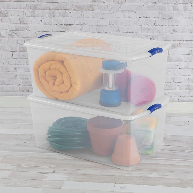 2-Pack 105 Quart Heavy Duty Plastic Storage Bins - Stackable Clear Containers with Lids & Blue Latches, Extra-Large Capacity for Bedding, Clothing, Holiday Decor, Garage & Closet Organization