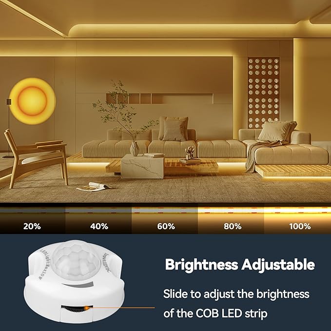 HOUHUI Under Bed Lights Motion Sensor COB LED Strip, 2 x 6.56Ft Warm White Motion Activated LED Light Strip for Bedside, 12V Dimmable Motion Sensor Night Light COB Strip for Under Cabinet Stair Closet