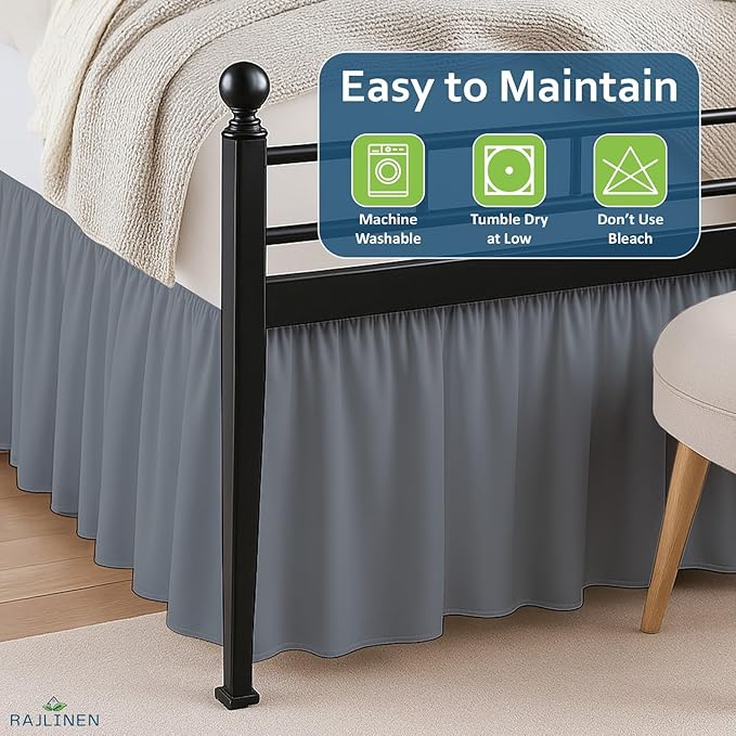 Rajlinen Ruffled Bed Skirt Twin XL, 18 Inch Drop Dust Ruffle with Split Corners, 100% Microfiber Bedskirt with Platform, Three-Sided Coverage Ruffled Gathering Design, Dark Grey