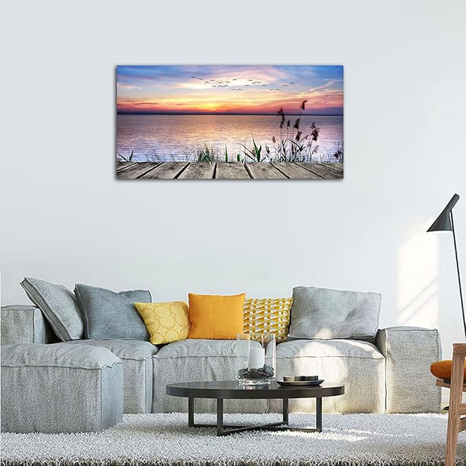 Canvas Wall Art Lake Dock Sunset Scenery Flying Birds Picture Large Beach Sunset Landscape Canvas Artwork Contemporary Nature Pictures for Living Room Bedroom Home Office Kitchen Wall Decor 20" x 40"