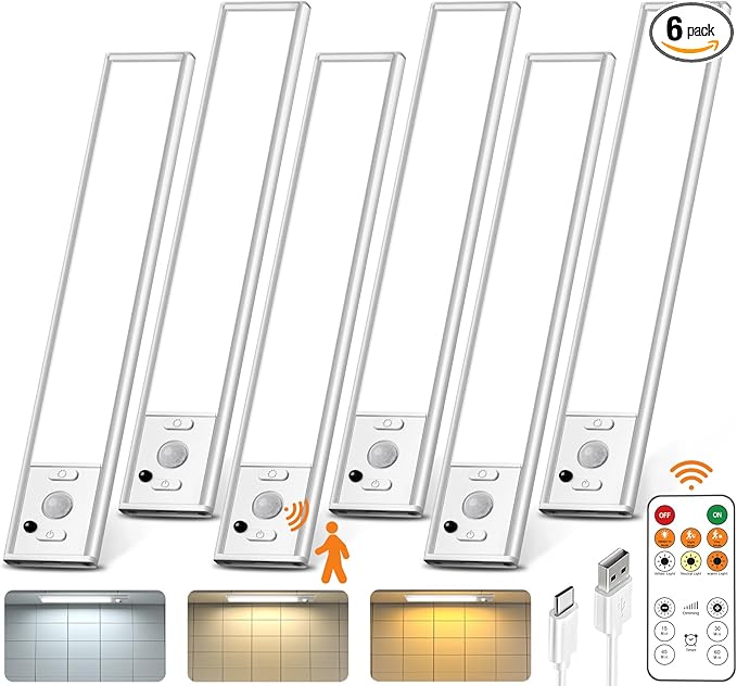 Under Cabinet Lighting with Remote Control,USB Rechargeable 180 Lumen Motion Sensor Light Indoor,Magnetic Wireless Under Counter Light,3 Color Dimmable Closet Lights for Kitchen, Pantry, Stair, 6 Pack