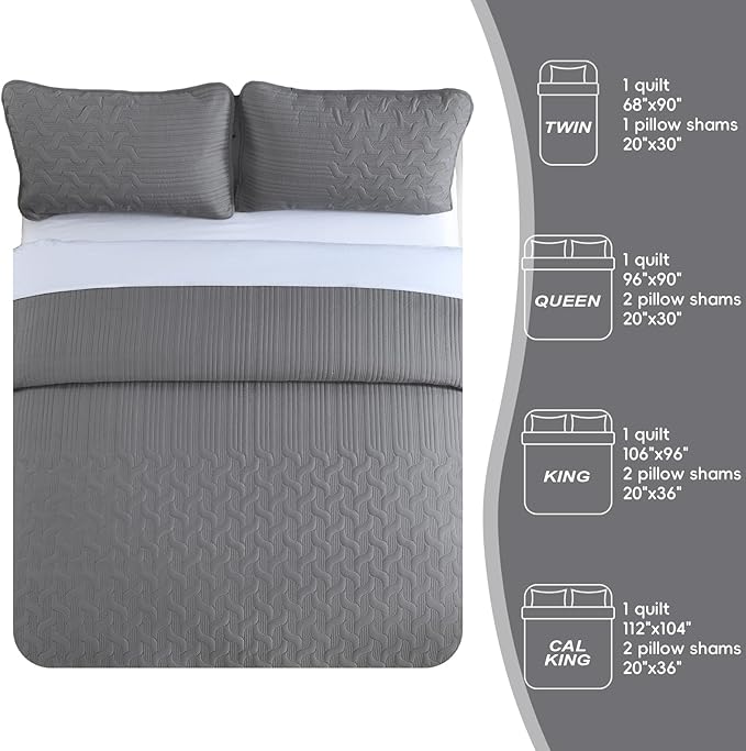 Yiran Grey Quilt Set King Size Lightweight Bedspread Ultrasonic Wave Pattern Soft Microfiber Coverlet for All Season Modern Style 3 Piece Bed Cover Sets with 2 Pillow Shams (106"x96")