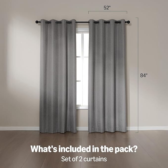 Amazon Basics Faux Linen Blackout Curtains for Bedroom and Living Room, 2-Piece Set with Grommets, 52" W x 84" L, Grey