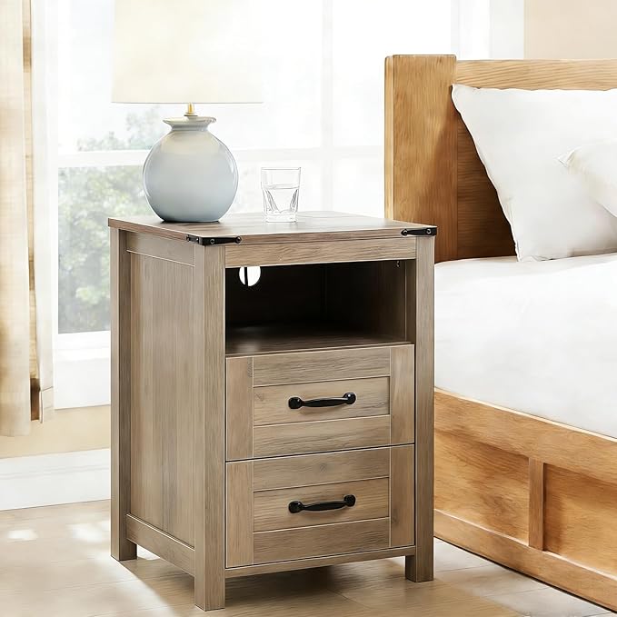 Sierra Rustic Night Stand Set of 2, Farmhouse End Table, Modern Bedside Table with 2 Storage Drawers and Open Shelf, Tall Nightstand for Bedroom